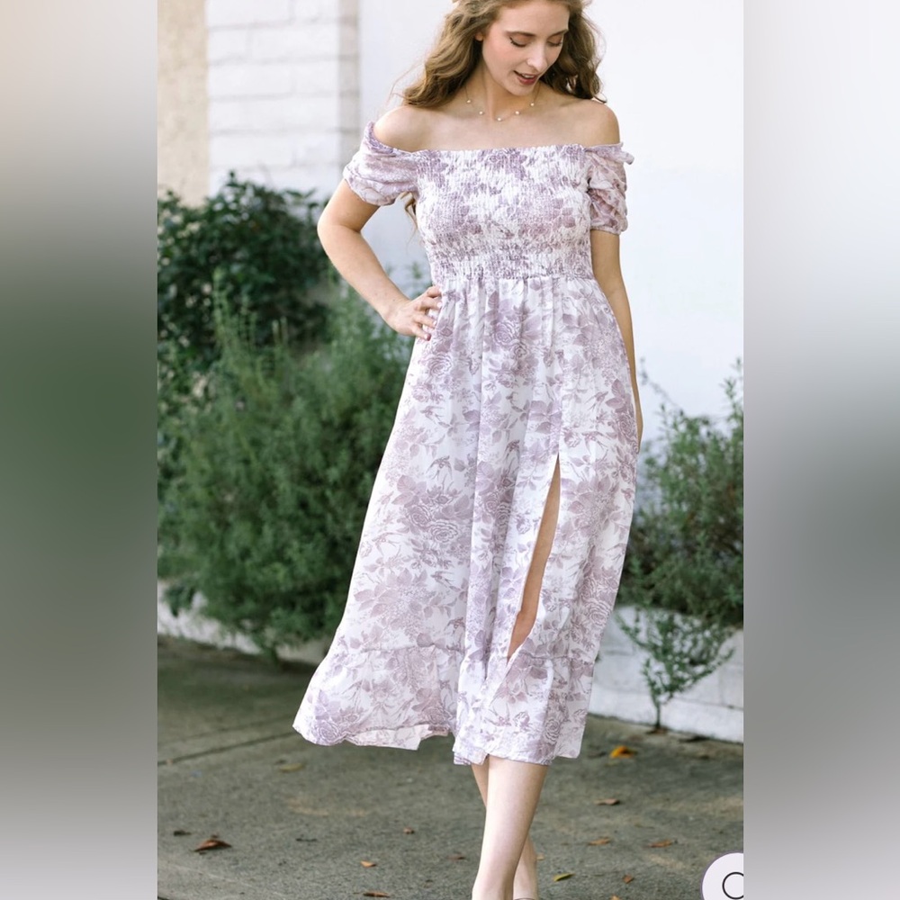 Off-Shoulder Floral Midi Dress in Lavender